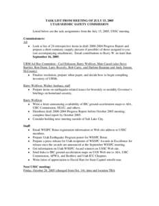 TASK LIST FROM MEETING OF JULY 15, 2005 UTAH SEISMIC SAFETY COMMISSION Listed below are the task assignments from the July 15, 2005, USSC meeting. Commissioners: All • Look at list of 24 retrospective items in draft 20