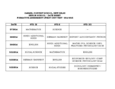 CARMEL CONVENT SCHOOL, NEW DELHI SENIOR SCHOOL - DATE SHEET FORMATIVE ASSESSMENT-I/FIRST UNIT TEST[removed]DATE  STD. IX