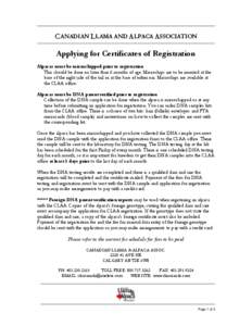 CANADIAN LLAMA AND ALPACA ASSOCIATION  Applying for Certificates of Registration