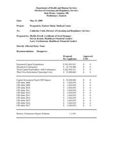 Department of Health and Human Services Division of Licensing and Regulatory Services State House, Augusta, ME Preliminary Analysis Date: