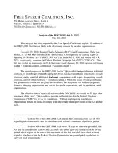 FREE SPEECH COALITION, INC. 370 MAPLE AVENUE WEST, SUITE 4 VIENNA , VIRGINIA[removed][removed]PHONE); [removed]FAX )  Analysis of the DISCLOSE Act (S. 3295)