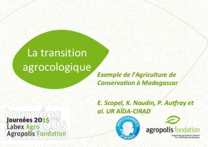 La transition agrocologique Exemple de l’Agriculture de Conservation à Madagascar E. Scopel, K. Naudin, P. Autfray et