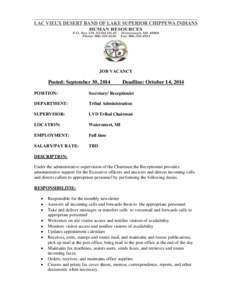 JOB VACANCY  Posted: September 30, 2014 Deadline: October 14, 2014