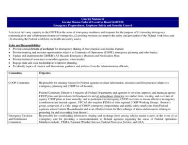 Charter Statement Greater Boston Federal Executive Board (GBFEB) Emergency Preparedness, Employee Safety and Security Council Acts in an Advisory capacity to the GBFEB in the areas of emergency readiness and response for