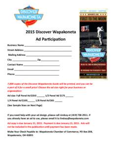 2015 Discover Wapakoneta Ad Participation Business Name ____________________________________ Street Address _____________________________________ Mailing Address ___________________________________ City _________________