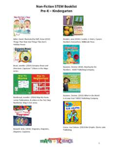 Non-Fiction STEM Booklist Pre-K – Kindergarten Adler, David. Illustrated by Raff, Anna[removed]Things That Float And Things That Don’t. Holiday House.