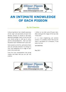 AN INTIMATE KNOWLEDGE OF EACH PIGEON By Jim Emerton A discerning fancier has in-depth awareness of the origin and personality of each bird. Without resource to records or loft book,