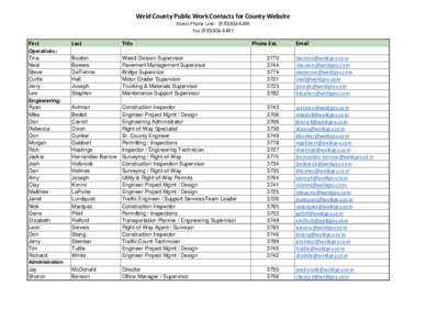 Weld County Public Work Contacts for County Website Direct Phone Line: ([removed]Fax[removed]First Operations: