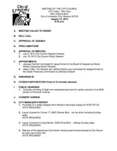 MEETING OF THE CITY COUNCIL CITY HALL, Fifth Floor 6801 Delmar Blvd. City of University City, Missouri[removed]August 12, 2013 6:30 p.m.