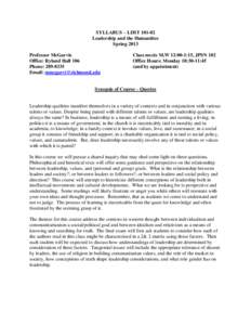 SYLLABUS – LDST[removed]Leadership and the Humanities Spring 2013 Professor McGarvie Office: Ryland Hall 106 Phone: [removed]