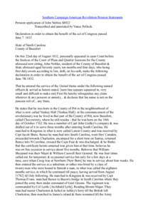 Southern Campaign American Revolution Pension Statements Pension application of John Nobles S8922 Transcribed and annotated by Vance Pollock. Declaration in order to obtain the benefit of the act of Congress passed June 