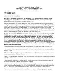 NCUA LETTER TO CREDIT UNIONS NATIONAL CREDIT UNION ADMINISTRATION 1775 Duke Street, Alexandria, VA[removed]DATE: MARCH 1996 LETTER NO.: 96-CU-3 DEAR BOARD OF DIRECTORS: