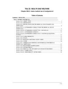 Title 22: HEALTH AND WELFARE Chapter 558-C: maine medical use of marijuana act Table of Contents Subtitle 2. HEALTH.................................................................................................. Part 5