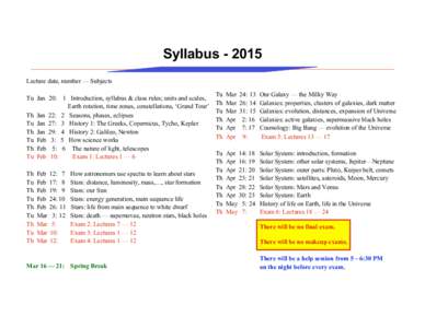 SyllabusLecture date, number — Subjects Tu Jan 20: 1 Introduction, syllabus & class rules; units and scales, Earth rotation, time zones, constellations, ‘Grand Tour’ Th Jan 22: 2 Seasons, phases, eclipses T