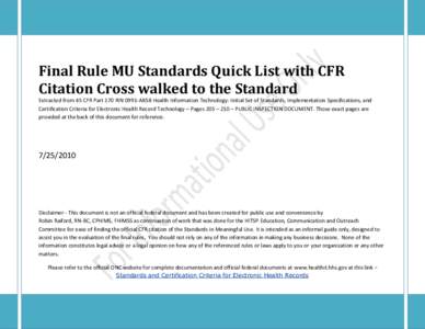 Meaningful Use Standards with CFR Citation