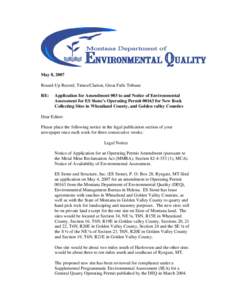 May 8, 2007 Round-Up Record, Times/Clarion, Great Falls Tribune RE: Application for Amendment 003 to and Notice of Environmental Assessment for ES Stone’s Operating Permit[removed]for New Rock