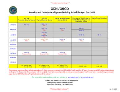 ***Schedule Subject to Change***  ODNI/ONCIX Security and Counterintelligence Training Schedule Apr - Dec[removed]APR 2014