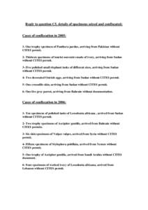 Reply to question C5, details of specimens seized and confiscated: Cases of confiscation in 2005: 1- One trophy specimen of Panthera pardus, arriving from Pakistan without CITES permit. 2- Thirteen specimens of tourist s