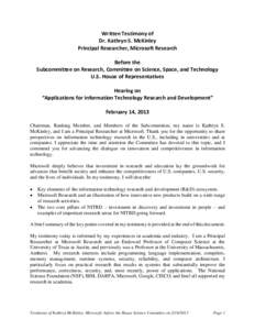 Written Testimony of Dr. Kathryn S. McKinley Principal Researcher, Microsoft Research Before the Subcommittee on Research, Committee on Science, Space, and Technology U.S. House of Representatives