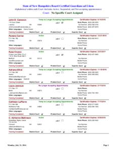 State of New Hampshire Board Certified Guardians ad Litem Alphabetical within each Court (includes Active, Suspended, and Not accepting appointments) Court: No Specific Court Assigned Temp no Longer Accepting Appointment