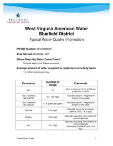 West Virginia American Water Bluefield District Typical Water Quality Information PWSID Number: WV3302835 Area Served: Bluefield, WV Where Does My Water Come From?