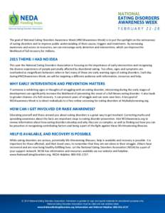 The goal of National Eating Disorders Awareness Week (#NEDAwareness Week) is to put the spotlight on the seriousness of eating disorders and to improve public understanding of their causes, triggers and treatments. By in