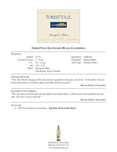 FORESTVILLE SAUVIGNON BLANC CALIFORNIA STATISTICS: Alcohol: Glucose/Fructose: T.A.: