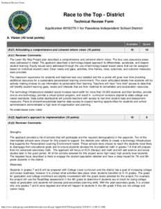 Technical Review Form  Race to the Top - District Technical Review Form Application #0162TX-1 for Pasadena Independent School District A. Vision (40 total points)
