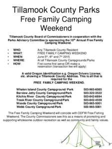 Tillamook County Parks Free Family Camping Weekend