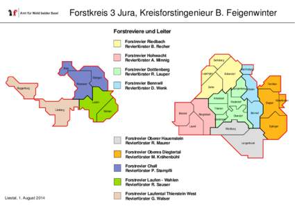 Forstkreis 3 Jura, Kreisforstingenieur B. Feigenwinter Forstreviere und Leiter Forstrevier Riedbach Revierförster B. Recher Forstrevier Hohwacht Revierförster A. Minnig