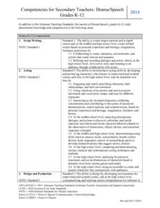 Competencies for Secondary Teachers: Drama/Speech Grades K-12	
   2014  In addition to the Arkansas Teaching Standards, the teacher of Drama/Speech, grades K-12, shall