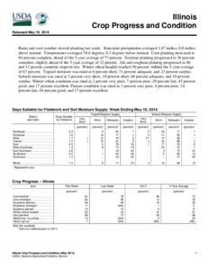 Illinois Crop Progress and Condition Released May 19, 2014 Rains and cool weather slowed planting last week. Statewide precipitation averaged 1.87 inches, 0.8 inches above normal. Temperatures averaged 54.6 degrees, 8.3 