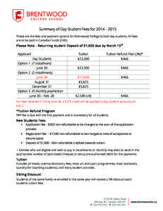    Summary of Day Student Fees for[removed]These are the fees and payment options for Brentwood College School day students. All fees are to be paid in Canadian funds (CAD). Please Note - Returning student Deposit o