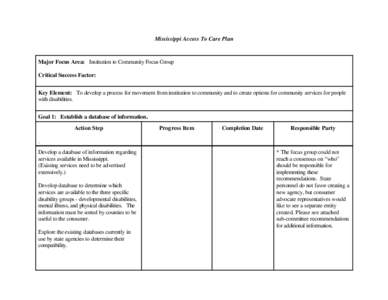 Mississippi Access To Care Plan  Major Focus Area: Institution to Community Focus Group Critical Success Factor: Key Element: To develop a process for movement from institution to community and to create options for comm