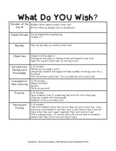 What Do YOU Wish? Wonder of the #1683—What makes wishes come true? Day # #1716—Why do people wish on dandelions? Subject/Grade