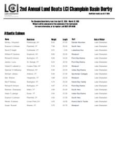 2nd Annual Lund Boats LCI Champlain Basin Derby Unofficial results as of8[removed]The Champlain Basin Derby runs from April 12, [removed]March 31, 2015 Winners will be announced at the conclusion of the tournament For more 