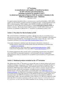 12th Invitation to manufacturers and suppliers of medicinal products for HIV infection and related diseases, including treatment for hepatitis B and C, to submit an Expression of Interest (EOI) for product evaluation to 