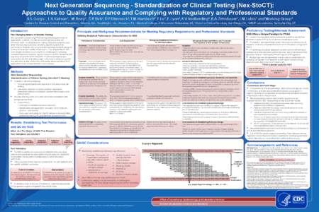 Next Generation Sequencing - Standardization of Clinical Testing (Nex-StoCT): Approaches to Quality Assurance and Complying with Regulatory and Professional Standards A.S. Gargis1, L.V. Kalman1, M. Berry2, D.P. Bick3, D.