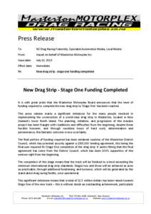 Masterton Motorplex Stage One Completion - Press release