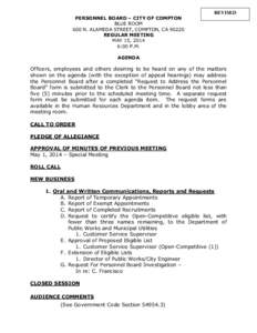 PERSONNEL BOARD – CITY OF COMPTON BLUE ROOM 600 N. ALAMEDA STREET, COMPTON, CA[removed]REGULAR MEETING MAY 15, 2014 6:00 P.M.