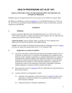 HEALTH PROFESSIONS ACT 56 OF 1974 REGULATIONS RELATING TO THE REGISTRATION AND TRAINING OF INTERNS IN MEDICINE Published under Government Notice R.57 in Government Gazetteof 23 JanuaryThe Minister of Health