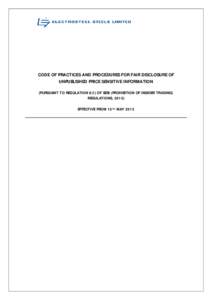 CODE OF PRACTICES AND PROCEDURES FOR FAIR DISCLOSURE OF UNPUBLISHED PRICE SENSITIVE INFORMATION (PURSUANT TO REGULATION 8(1) OF SEBI (PROHIBITION OF INSIDER TRADING) REGULATIONS, 2015) EFFECTIVE FROM 15TH MAY 2015