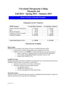 Cleveland Chiropractic College Financial Aid Fall 2014 – Spring 2015 – Summer 2015 Master of Science in Health Promotion Estimated Cost Per Trimester: MSHP Program