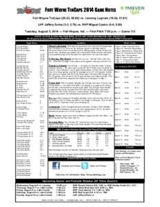 FORT WAYNE TINCAPS 2014 GAME NOTES Fort Wayne TinCaps[removed], [removed]vs. Lansing Lugnuts[removed], [removed]LHP Jeffery Enloe (3-3, 2.78) vs. RHP Miguel Castro (0-0, 0.00) Tuesday, August 5, 2014 — Fort Wayne, Ind. — Fir