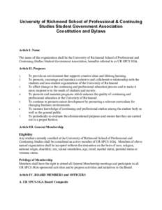 University of Richmond School of Professional & Continuing Studies Student Government Association Constitution and Bylaws Article I. Name The name of this organization shall be the University of Richmond School of Profes