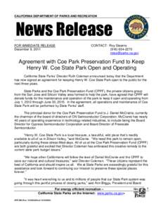CALIFORNIA DEPARTMENT OF PARKS AND RECREATION  News Release FOR IMMEDIATE RELEASE December 9, 2011