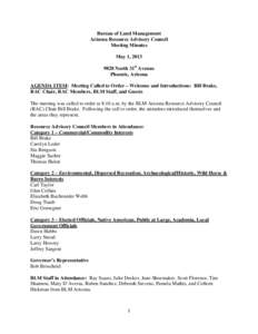 Bureau of Land Management Arizona Resource Advisory Council Meeting Minutes May 1, [removed]North 31st Avenue Phoenix, Arizona