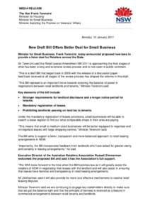 MEDIA RELEASE The Hon Frank Terenzini Minister for Housing Minister for Small Business Minister Assisting the Premier on Veterans’ Affairs _______________________________________________________________________________