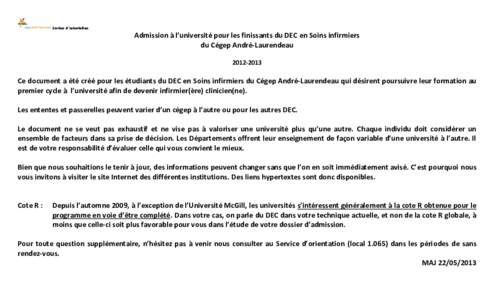 Service d’orientation  Admission à l’université pour les finissants du DEC en Soins infirmiers du Cégep André-Laurendeau[removed]