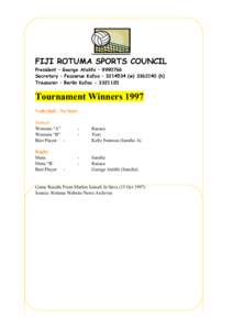 FIJI ROTUMA SPORTS COUNCIL President – George Atalifo – [removed]Secretary – Feaserue Kafoa – [removed]w[removed]h) Treasurer – Berlin Kafoa[removed]Tournament Winners 1997